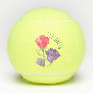 Picture tennis ball custom name watercolor flowers