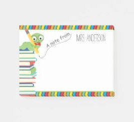 Picture post-it notes with bookworm and books