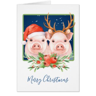 Merry christmas cute pig couple greeting card