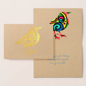 Picture gold foil colorful bird greeting card