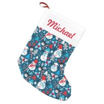 Snowman reindeer gingerbread patterned christmas stocking with personalized name