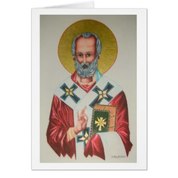 St Nicholas icon-style painting on christmas greeting card